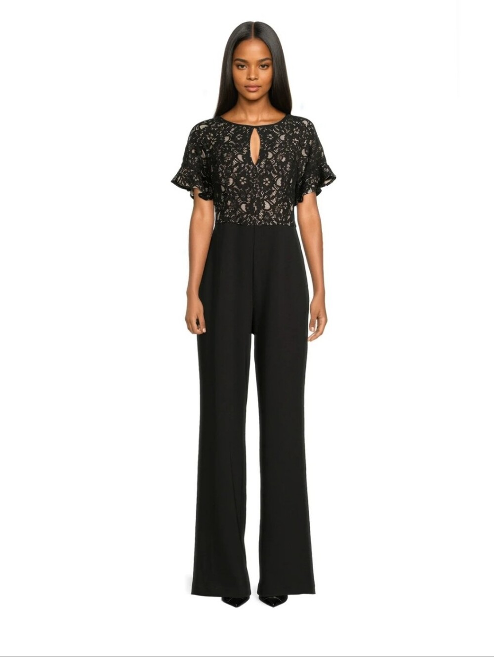 $336 Black Lace Bodice Wide-Leg Jumpsuit